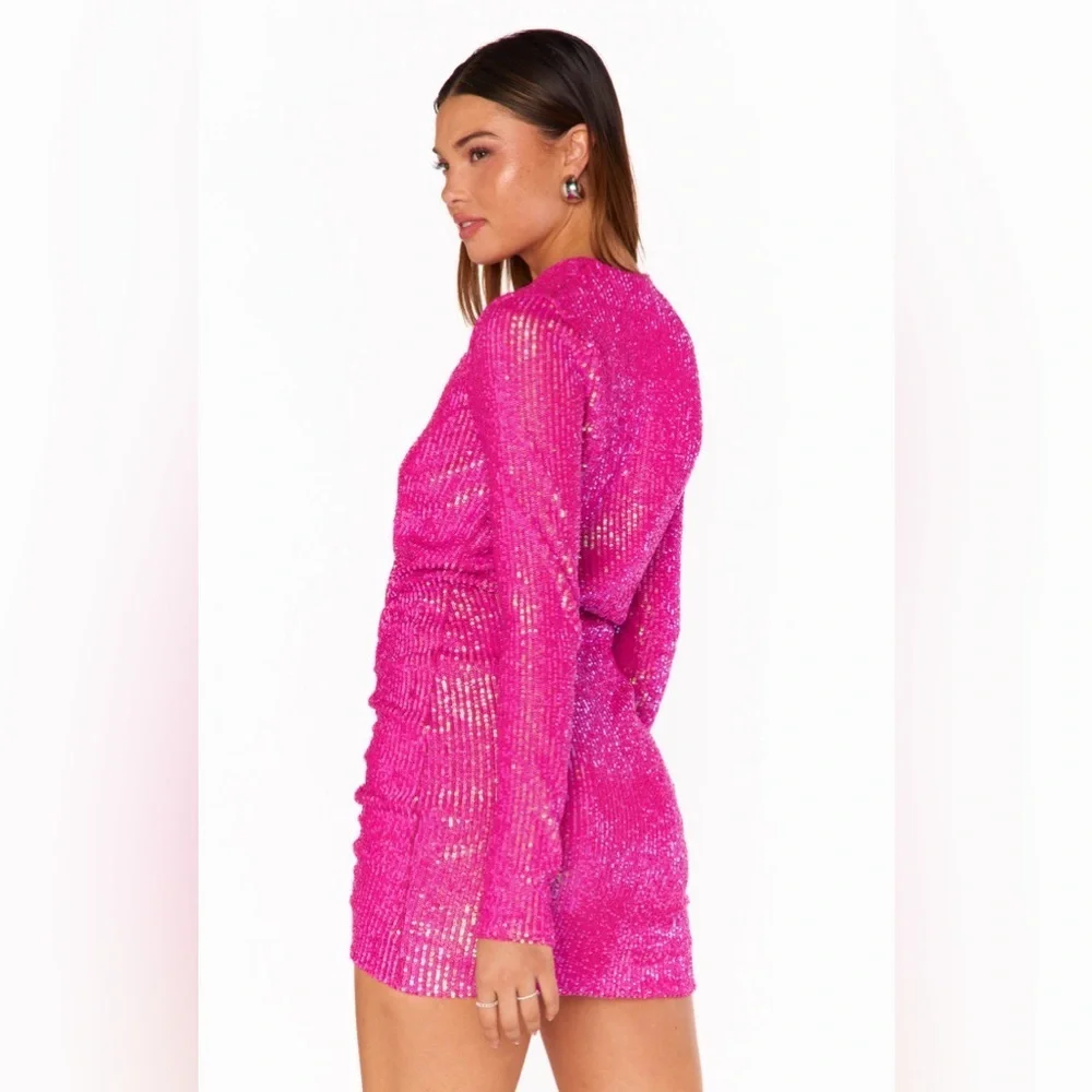 Show Me Your MuMu Party Hop Sparkling Hot Pink Sequin Party Mini Dress Barbie Lg - Picture 2 of 7